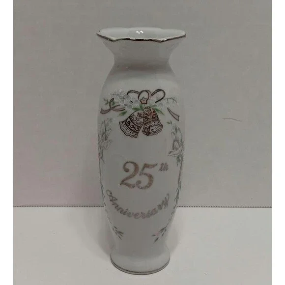 Vintage 1984 Lefton 25th Anniversary Vase Japan – Silver Trim Porcelain - Picture 1 of 5